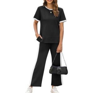 XIEERDUO Women’s 2 Piece Lounge Set Fashion Travel Outfits Vacation Tracksuit Comfy Wide Leg Airport Loungewear S-3XL(Stripe Black)