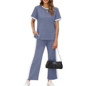 XIEERDUO Women’s 2 Piece Lounge Set Fashion Travel Outfits Vacation Tracksuit Comfy Wide Leg Airport Loungewear S-3XL(Stripe Blue)