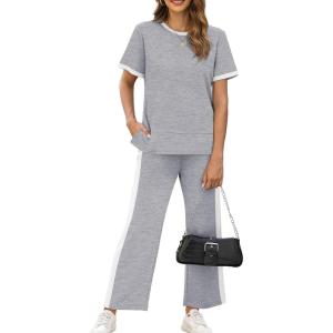 XIEERDUO Women’s 2 Piece Lounge Set Fashion Travel Outfits Vacation Tracksuit Comfy Wide Leg Airport Loungewear S-3XL(Stripe Grey)