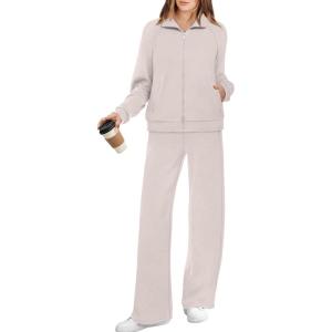 XIEERDUO Women’s 2 Piece Lounge Sets Full Zip Up Sweatsuit Wide Leg Tracksuit Workout Outfits Fashion Airport Wear(Apricot)