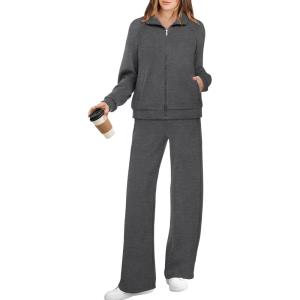 XIEERDUO Women’s 2 Piece Lounge Sets Full Zip Up Sweatsuit Wide Leg Tracksuit Workout Outfits Fashion Airport Wear(Dark Grey)