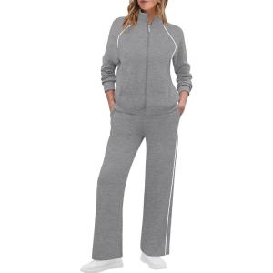 XIEERDUO Women’s 2 Piece Lounge Sets Full Zip Up Sweatsuit Wide Leg Tracksuit Workout Outfits Fashion Airport Wear(Grey White)