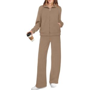 XIEERDUO Women’s 2 Piece Lounge Sets Full Zip Up Sweatsuit Wide Leg Tracksuit Workout Outfits Fashion Airport Wear(Khaki)