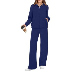 XIEERDUO Women’s 2 Piece Lounge Sets Full Zip Up Sweatsuit Wide Leg Tracksuit Workout Outfits Fashion Airport Wear(Navy)