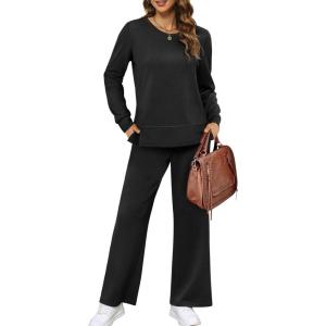 XIEERDUO Women’s 2 Piece Lounge Sets Side Slit Outfits Wide Leg Tracksuit Comfy Loungewear Fashion Sweatsuit S-3XL(A Black)
