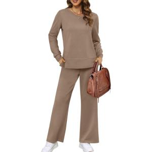 XIEERDUO Women’s 2 Piece Lounge Sets Side Slit Outfits Wide Leg Tracksuit Comfy Loungewear Fashion Sweatsuit S-3XL(A Khaki)