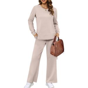 XIEERDUO Women’s 2 Piece Lounge Sets Side Slit Outfits Wide Leg Tracksuit Comfy Loungewear Fashion Sweatsuit S-3XL(Apricot)