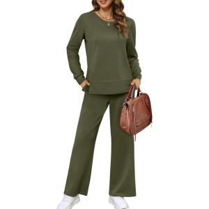 XIEERDUO Women’s 2 Piece Lounge Sets Side Slit Outfits Wide Leg Tracksuit Comfy Loungewear Fashion Sweatsuit S-3XL(Army Green)