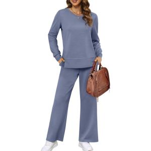 XIEERDUO Women’s 2 Piece Lounge Sets Side Slit Outfits Wide Leg Tracksuit Comfy Loungewear Fashion Sweatsuit S-3XL(Blue)
