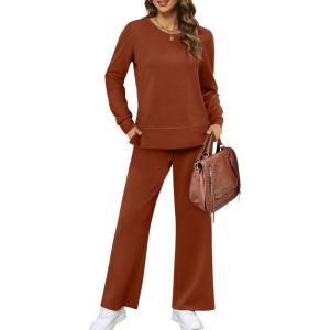 XIEERDUO Women’s 2 Piece Lounge Sets Side Slit Outfits Wide Leg Tracksuit Comfy Loungewear Fashion Sweatsuit S-3XL(Caramel)
