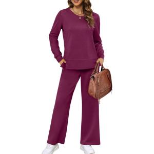 XIEERDUO Women’s 2 Piece Lounge Sets Side Slit Outfits Wide Leg Tracksuit Comfy Loungewear Fashion Sweatsuit S-3XL(Dark Purple)