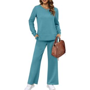 XIEERDUO Women’s 2 Piece Lounge Sets Side Slit Outfits Wide Leg Tracksuit Comfy Loungewear Fashion Sweatsuit S-3XL(Lake)