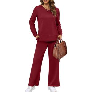 XIEERDUO Women’s 2 Piece Lounge Sets Side Slit Outfits Wide Leg Tracksuit Comfy Loungewear Fashion Sweatsuit S-3XL(Wine Red)