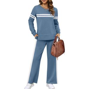 XIEERDUO Women’s 2 Piece Lounge Sets Side Slit Outfits Wide Leg Tracksuit Comfy Loungewear Fashion Sweatsuit S-3XL(Z Blue White)