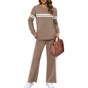 XIEERDUO Women’s 2 Piece Lounge Sets Side Slit Outfits Wide Leg Tracksuit Comfy Loungewear Fashion Sweatsuit S-3XL(Z Coffe White)