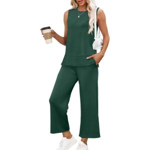 XIEERDUO Women’s 2 Piece Outfits Summer Travel Tracksuit Loose Wide Leg Loungewear Comfy Lounge Sets S-3XL(A18-deep Green)