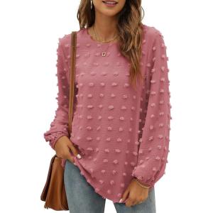 XIEERDUO Women’s Chiffon Blouses Long Sleeve Crewneck Tops Dressy Casual Loose Pompom Shirts(01a-brick Red)