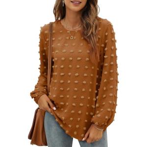 XIEERDUO Women’s Chiffon Blouses Long Sleeve Crewneck Tops Dressy Casual Loose Pompom Shirts(01-caramel)