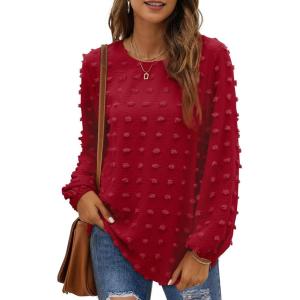 XIEERDUO Women’s Chiffon Blouses Long Sleeve Crewneck Tops Dressy Casual Loose Pompom Shirts(02b-burgundy)
