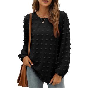 XIEERDUO Women’s Chiffon Blouses Long Sleeve Crewneck Tops Dressy Casual Loose Pompom Shirts(02-black)