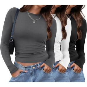 XIEERDUO Women’s Long Sleeve Crew Neck Slim Fit T Shirts 2024 Y2k Clothes Basic Going Out Tops 3 Pack/2 Pack(Long Sleeve 3 Pack Black White Grey)