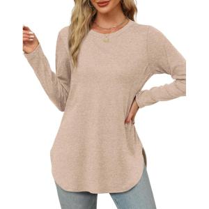 XIEERDUO Womens Long Sleeve Round Neck Shirts Side Split Basic Loose Tunic Tops Casual 2025(Beige)