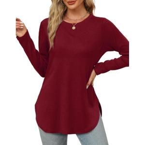 XIEERDUO Womens Long Sleeve Round Neck Shirts Side Split Basic Loose Tunic Tops Casual 2025(Burgundy)