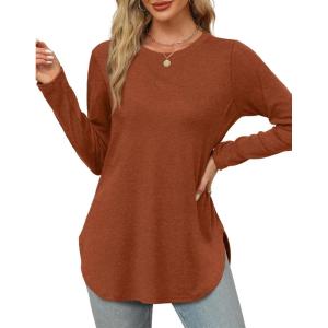 XIEERDUO Womens Long Sleeve Round Neck Shirts Side Split Basic Loose Tunic Tops Casual 2025(Caramel)