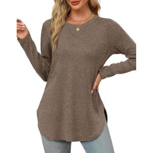 XIEERDUO Womens Long Sleeve Round Neck Shirts Side Split Basic Loose Tunic Tops Casual 2025(Coffee)