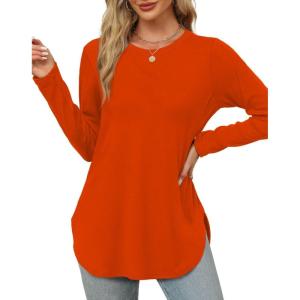 XIEERDUO Womens Long Sleeve Round Neck Shirts Side Split Basic Loose Tunic Tops Casual 2025(Halloween Orange)