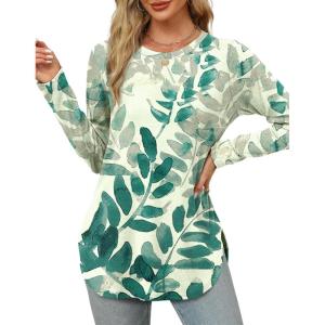 XIEERDUO Womens Long Sleeve Round Neck Shirts Side Split Basic Loose Tunic Tops Casual 2025(Patterned-blue Leaf)