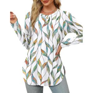 XIEERDUO Womens Long Sleeve Round Neck Shirts Side Split Basic Loose Tunic Tops Casual 2025(Patterned-white Print)