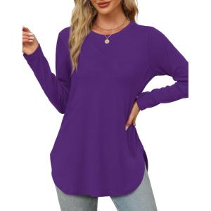 XIEERDUO Womens Long Sleeve Round Neck Shirts Side Split Basic Loose Tunic Tops Casual 2025(Purple)