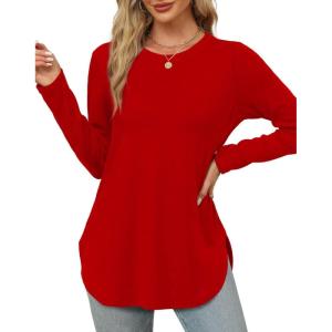 XIEERDUO Womens Long Sleeve Round Neck Shirts Side Split Basic Loose Tunic Tops Casual 2025(Red)
