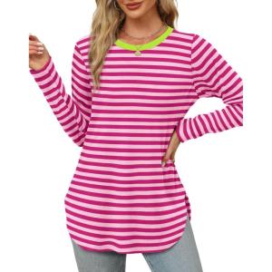 XIEERDUO Womens Long Sleeve Round Neck Shirts Side Split Basic Loose Tunic Tops Casual 2025(Stripe-hot Pink)