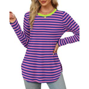 XIEERDUO Womens Long Sleeve Round Neck Shirts Side Split Basic Loose Tunic Tops Casual 2025(Stripe-pink Blue)