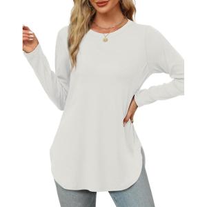 XIEERDUO Womens Long Sleeve Round Neck Shirts Side Split Basic Loose Tunic Tops Casual 2025(White)