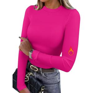 XIEERDUO Womens Long Sleeve Thermal Shirt Fleece Mock Neck Tops 2025 Fashion Slim Fit(Hot Pink)