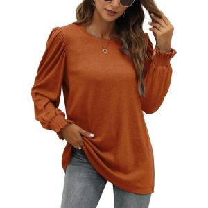 XIEERDUO Womens Long Sleeve Tops 2024 Fall Ruffle Puff Sleeve Cute Tunic Shirts Dressy(A01-caramel)
