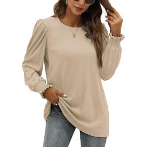 XIEERDUO Womens Long Sleeve Tops 2024 Fall Ruffle Puff Sleeve Cute Tunic Shirts Dressy(A03-khaki)