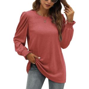 XIEERDUO Womens Long Sleeve Tops 2024 Fall Ruffle Puff Sleeve Cute Tunic Shirts Dressy(A04-red)