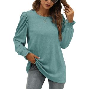 XIEERDUO Womens Long Sleeve Tops 2024 Fall Ruffle Puff Sleeve Cute Tunic Shirts Dressy(A09-cadetblue)
