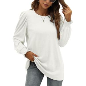 XIEERDUO Womens Long Sleeve Tops 2024 Fall Ruffle Puff Sleeve Cute Tunic Shirts Dressy(A10-white)