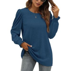 XIEERDUO Womens Long Sleeve Tops 2024 Fall Ruffle Puff Sleeve Cute Tunic Shirts Dressy(A12-navy)