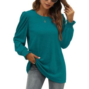 XIEERDUO Womens Long Sleeve Tops 2024 Fall Ruffle Puff Sleeve Cute Tunic Shirts Dressy(A13-turquoise)