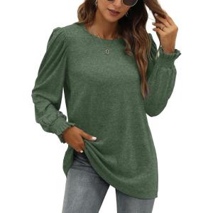 XIEERDUO Womens Long Sleeve Tops 2024 Fall Ruffle Puff Sleeve Cute Tunic Shirts Dressy(A14-dark Green)