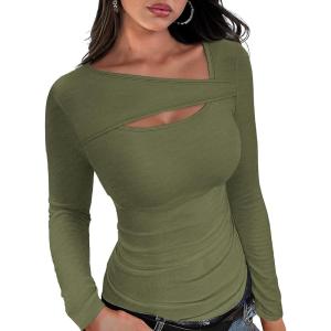 XIEERDUO Womens Long Sleeve Tops Slim Fit Fall Tops for Women 2025 Cutout Tops Y2K Ribbed Tshirt(Army Green)