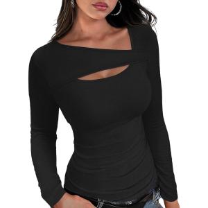 XIEERDUO Womens Long Sleeve Tops Slim Fit Fall Tops for Women 2025 Cutout Tops Y2K Ribbed Tshirt(Black)