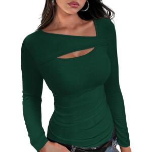 XIEERDUO Womens Long Sleeve Tops Slim Fit Fall Tops for Women 2025 Cutout Tops Y2K Ribbed Tshirt(Green)