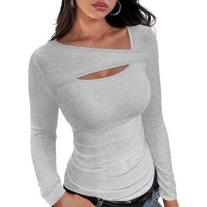 XIEERDUO Womens Long Sleeve Tops Slim Fit Fall Tops for Women 2025 Cutout Tops Y2K Ribbed Tshirt(Grey)